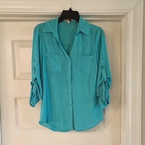 Express Portofino Women's Turquoise Button-Up Blouse